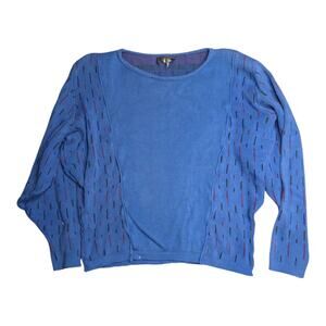 Vtg 1980s Divine Knits by Judit Blue Cotton Geometric Knit Pullover Sweater L